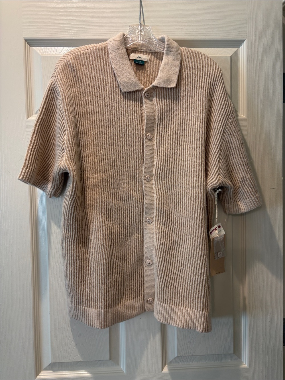 Men’s Beige Ribbed Short-Sleeve Button Cardigan